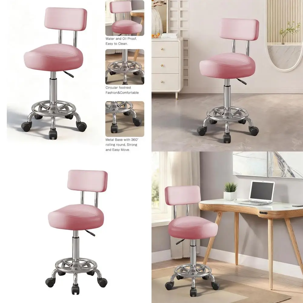 

Compact Armless Swivel Chair with Wheels and Footrest, Adjustable Height, PU Leather, Pink for Home Office and Bedroom Use