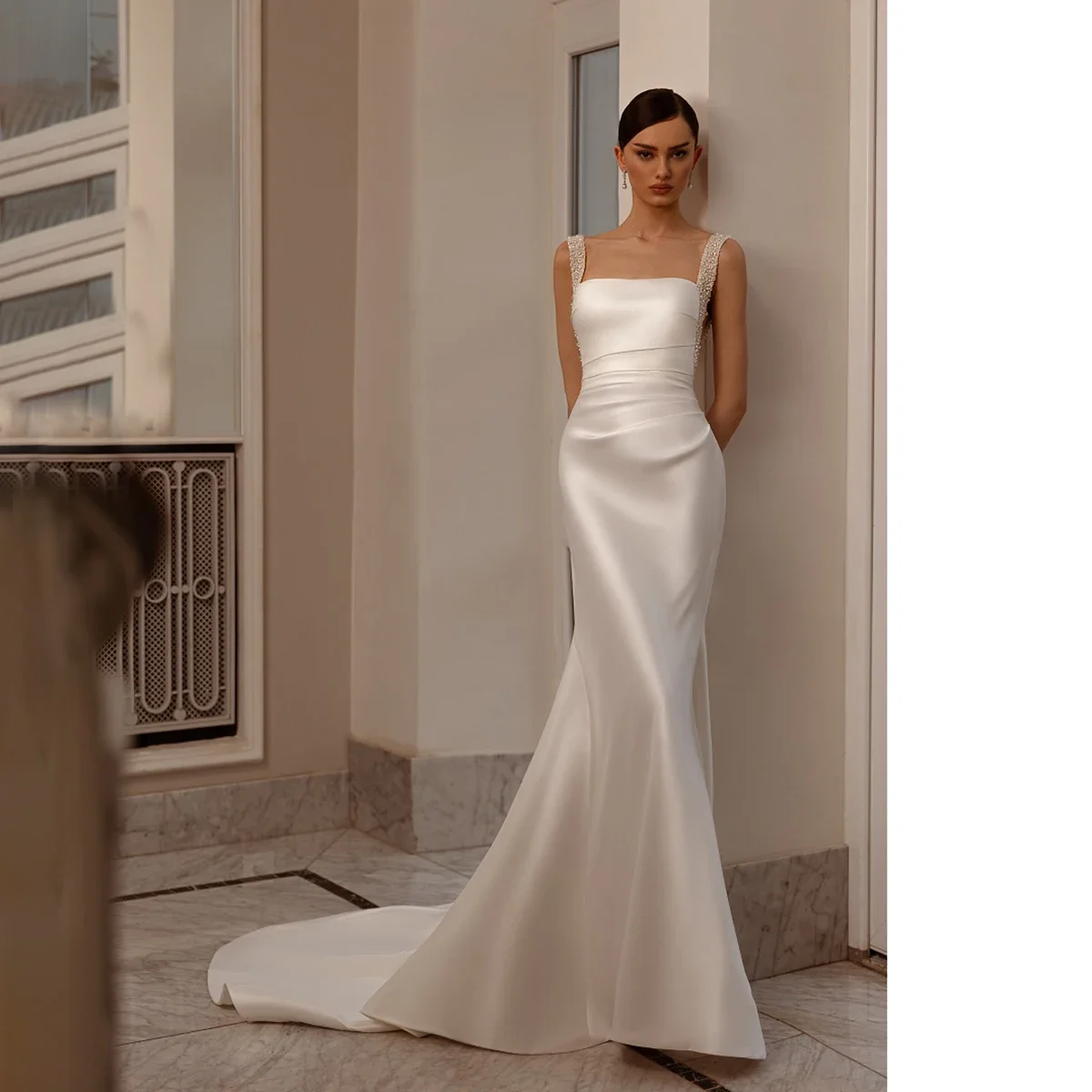 Square Neck Beading Bridal Gowns with Removable Train Custom Made Cutouts Backless Luxe Thick Satin Modern Wedding Dress