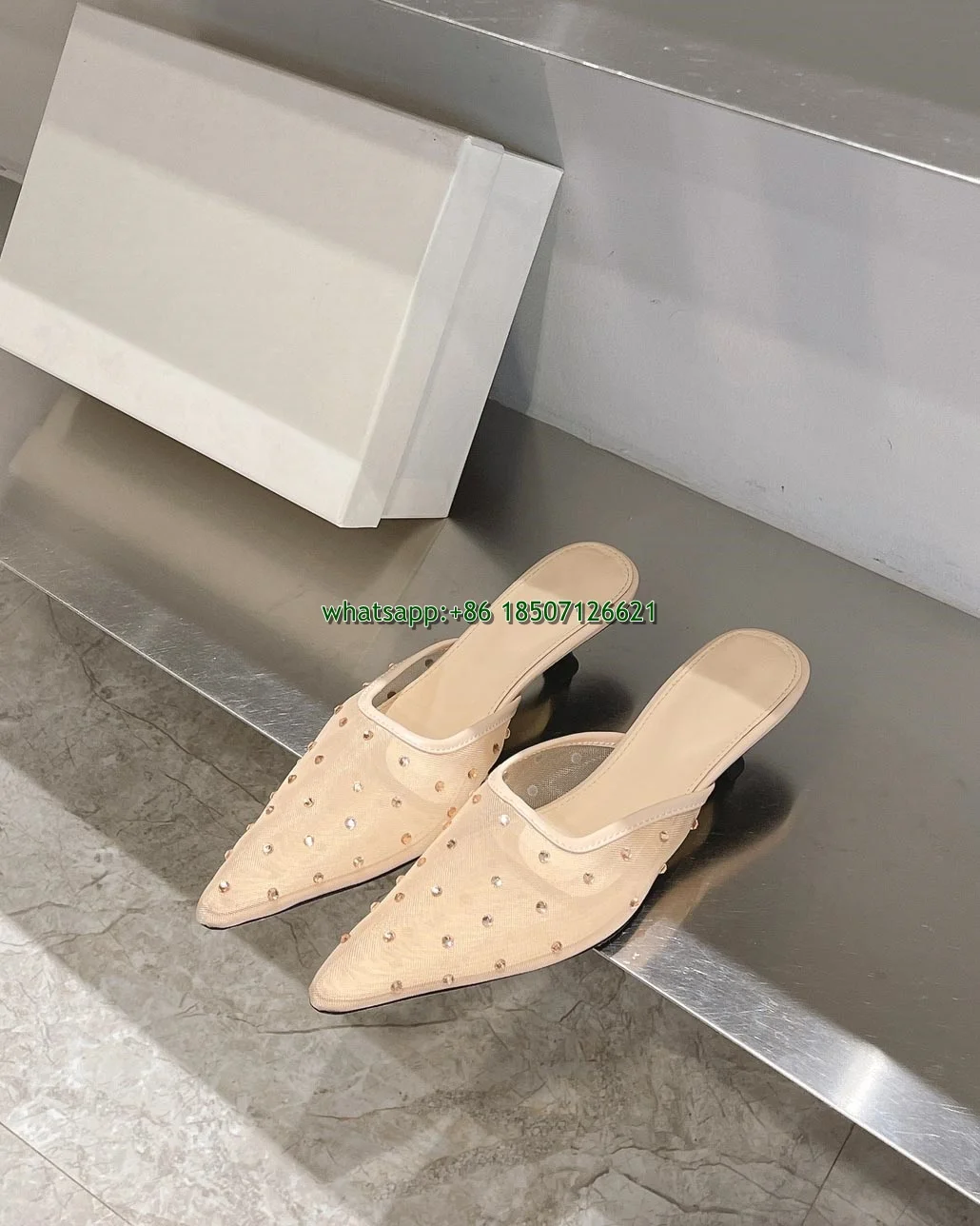 Scarpe Slip-On Slip-On con tacco basso decorate con strass in rete a punta di grandi dimensioni semplici con tacco alto