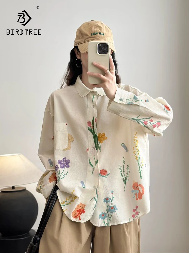 جديد 2025 الخريف قميص قطني بكم طويل ، المرأة بدوره إلى أسفل طوق طباعة ، موري فتاة الفرنسية تخفيض العمر بلوزة فضفاضة T5O676CC #1