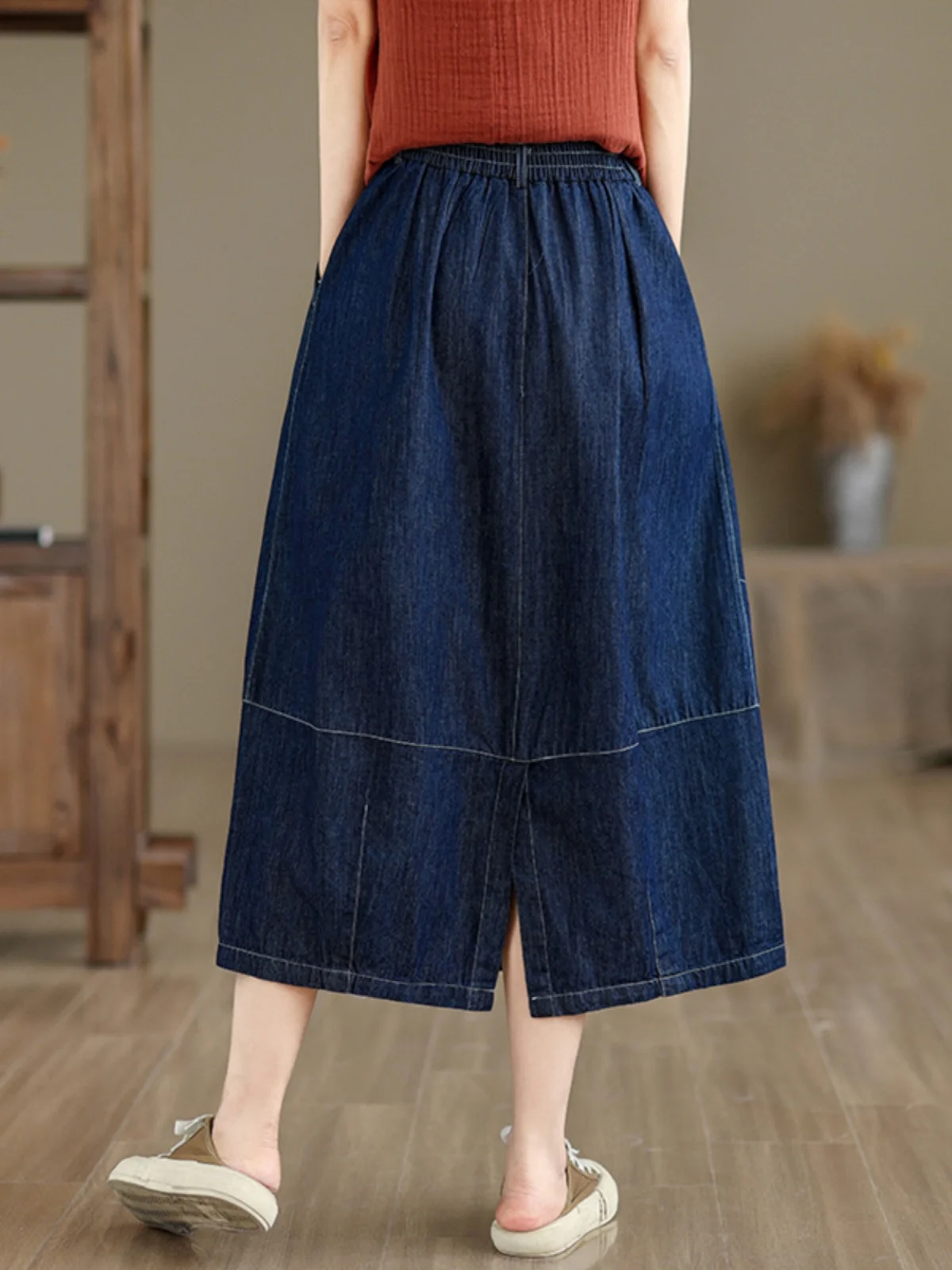 Women Summer Elastic Waisted Denim Skirt Fashion Split Versatile A-line Midi Skirt Solid Simple Blue Loose High Waist Skirt