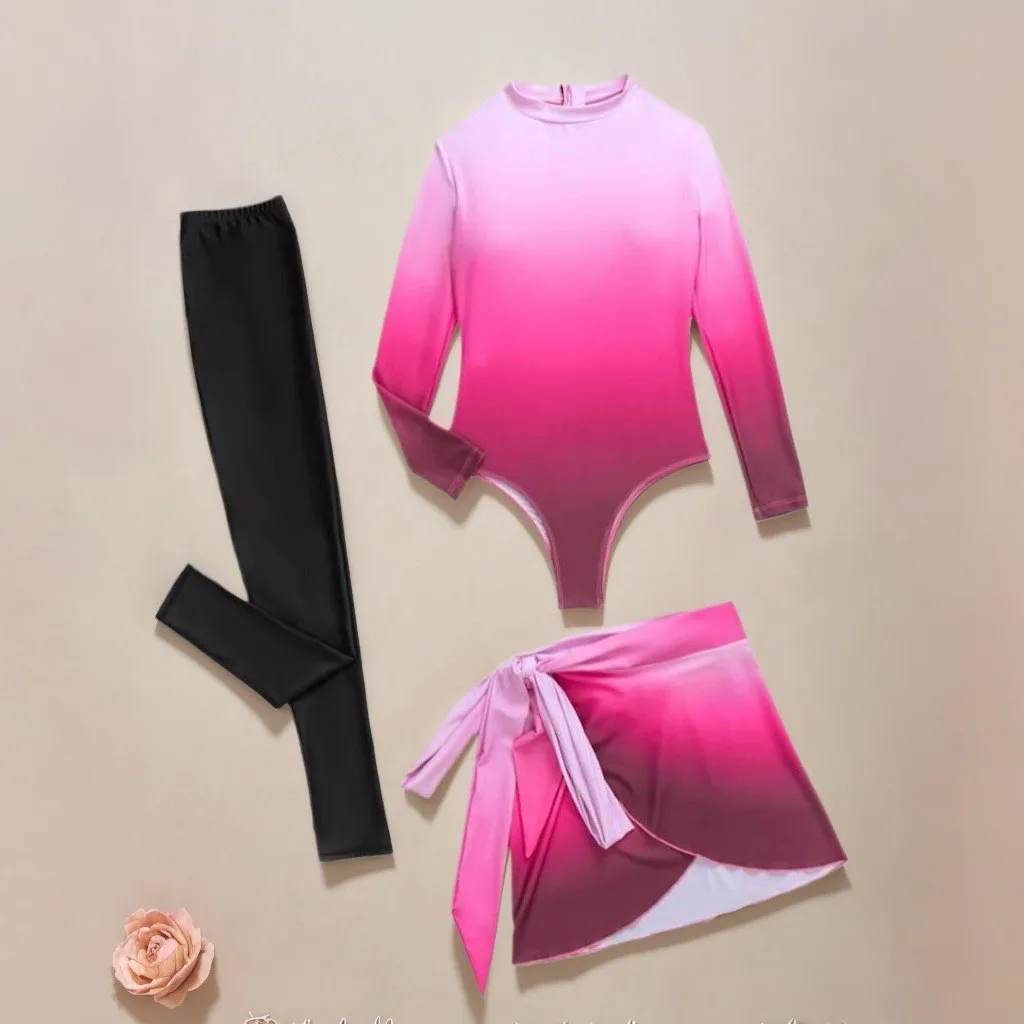 Blue Long Sleeve Swimsuit High Neck Wrap Skirt Swimwear Tie Front Bathing Suit Green Leggings Solid Color Slim Fit Swimming view 3
