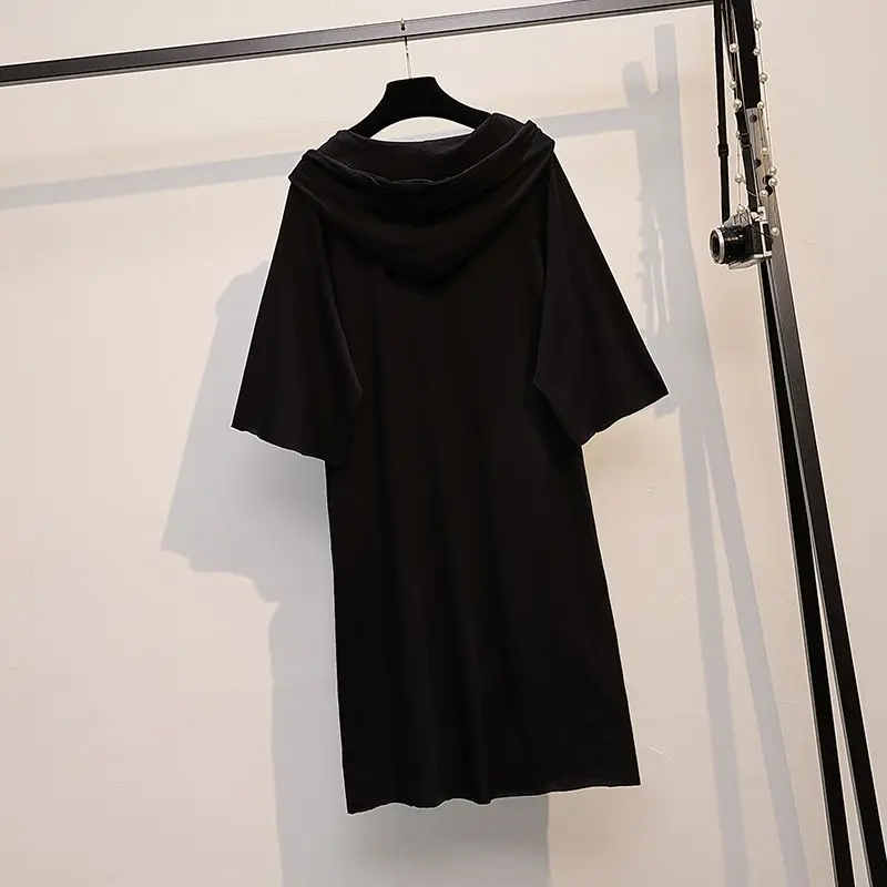 Damenbekleidung Vintage Solid Hooded Zipper Kleid Sommer Lose Kurzarm Casual T-Shirt Kleider