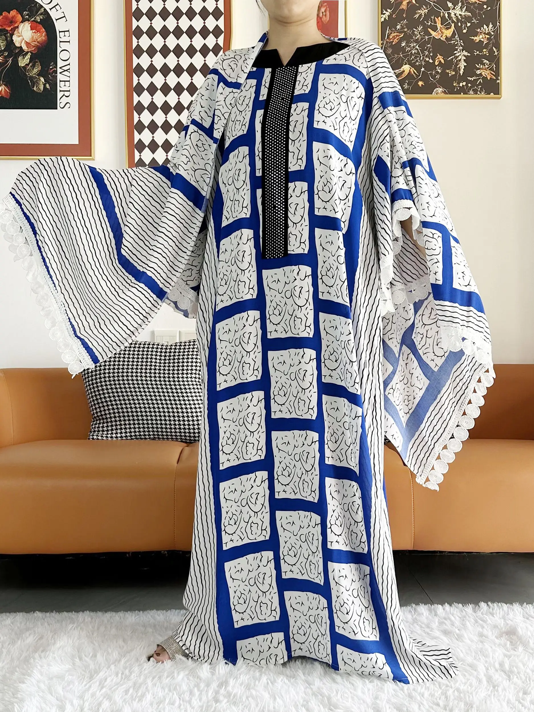 2023 senhora africana eid vestido com lenço grande algodão onda ponto impresso solto floral boubou maxi islam feminino manga curta abaya