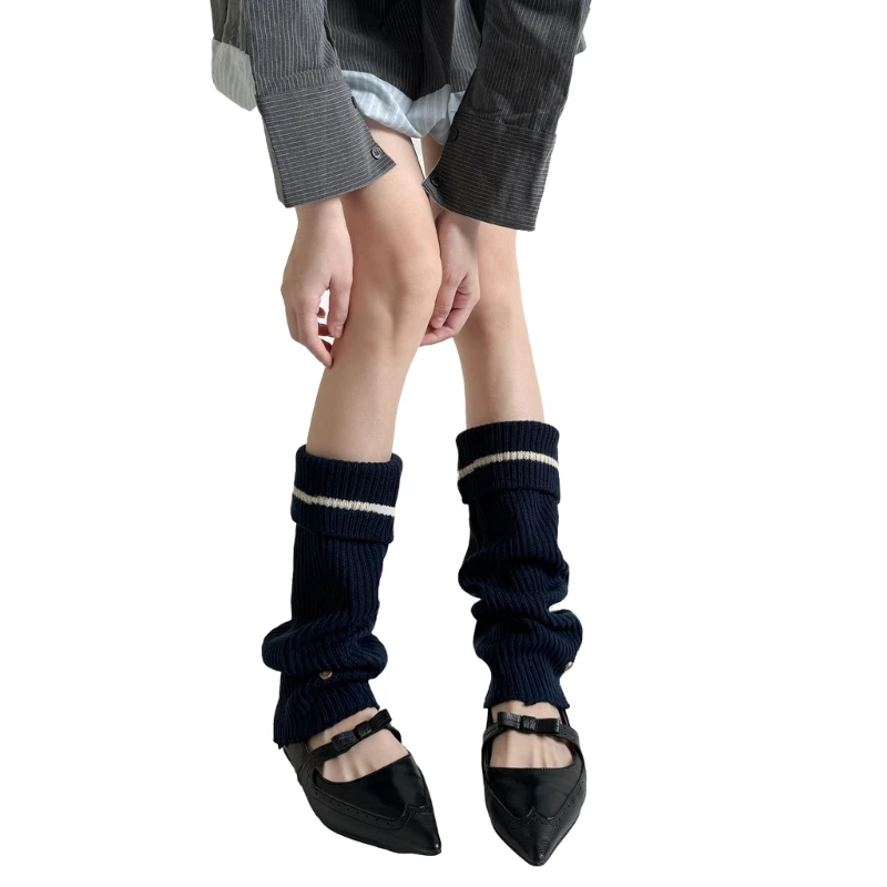 Fashionable Acrylic Ribbed Knit Leg Warmers with Decorative Metal Button for Women Turn Cuff Flared Boot Covers Socks