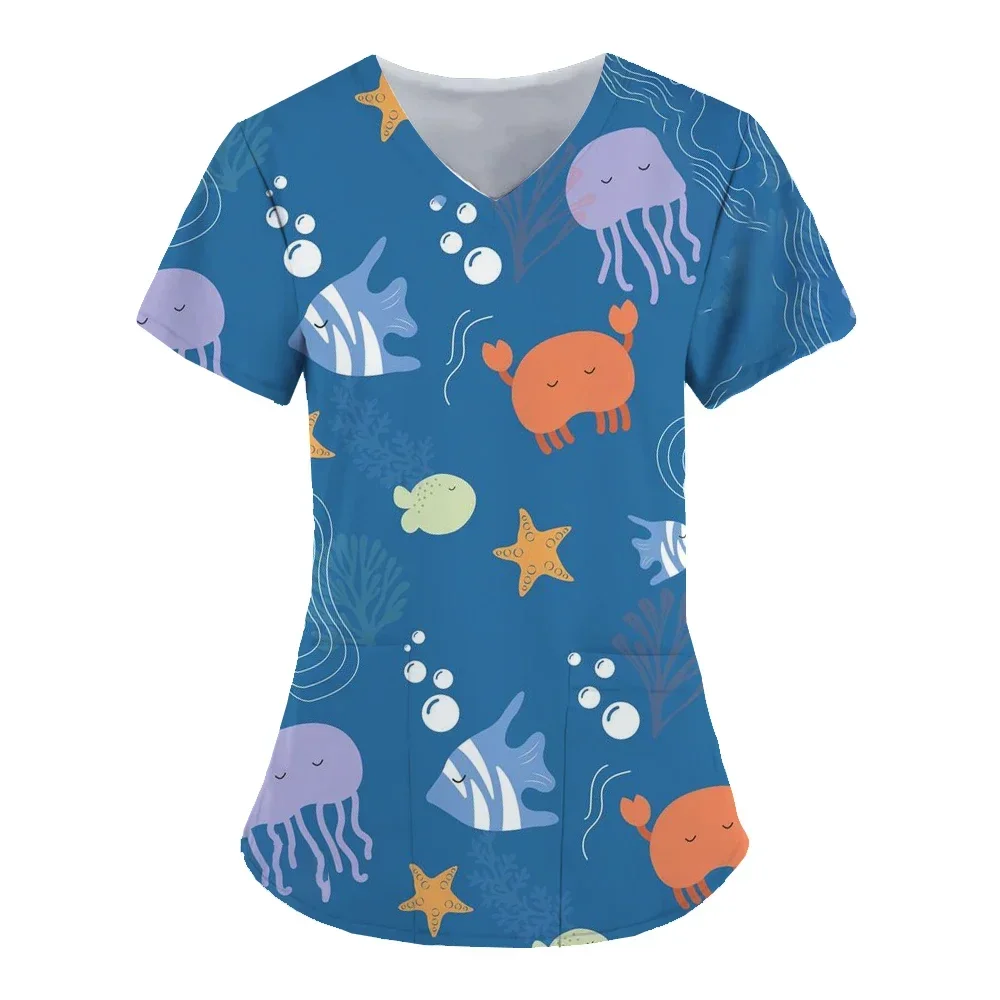 3D-geprinte comfortabele en modieuze dames V-hals met zakverpleegstersuniform Zeelevenpatroon bedrukt verpleegstersuniform