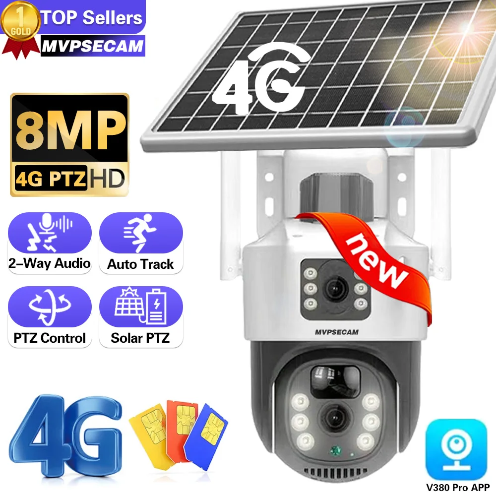 

4K 8MP Solar CCTV Solar 4G Wireless CCTV Outdoor Camera Built-in Battery Low Power Color Night Vision,Surveillance Cam V380 Pro