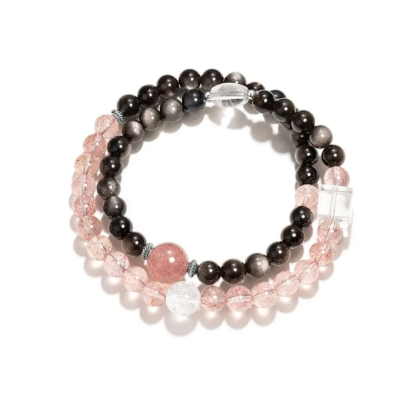Natural Black Obsidian Strawberry Quartz Pink Crystal Bracelet Stackable Double Layer Wealth Love Lucky Charm Gifts