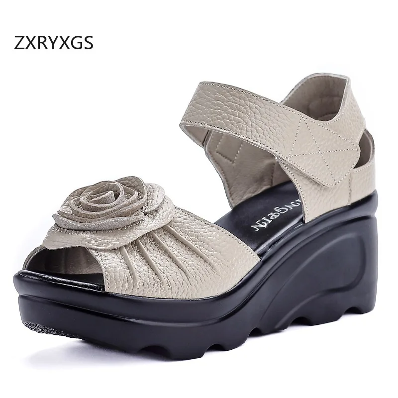 

ZXRYXGS 2026 New Summer Fish Mouth Genuine Leather Flowers Sandals Fashion Elegant Wedges Sandals Women Banquet Wedding Sandals