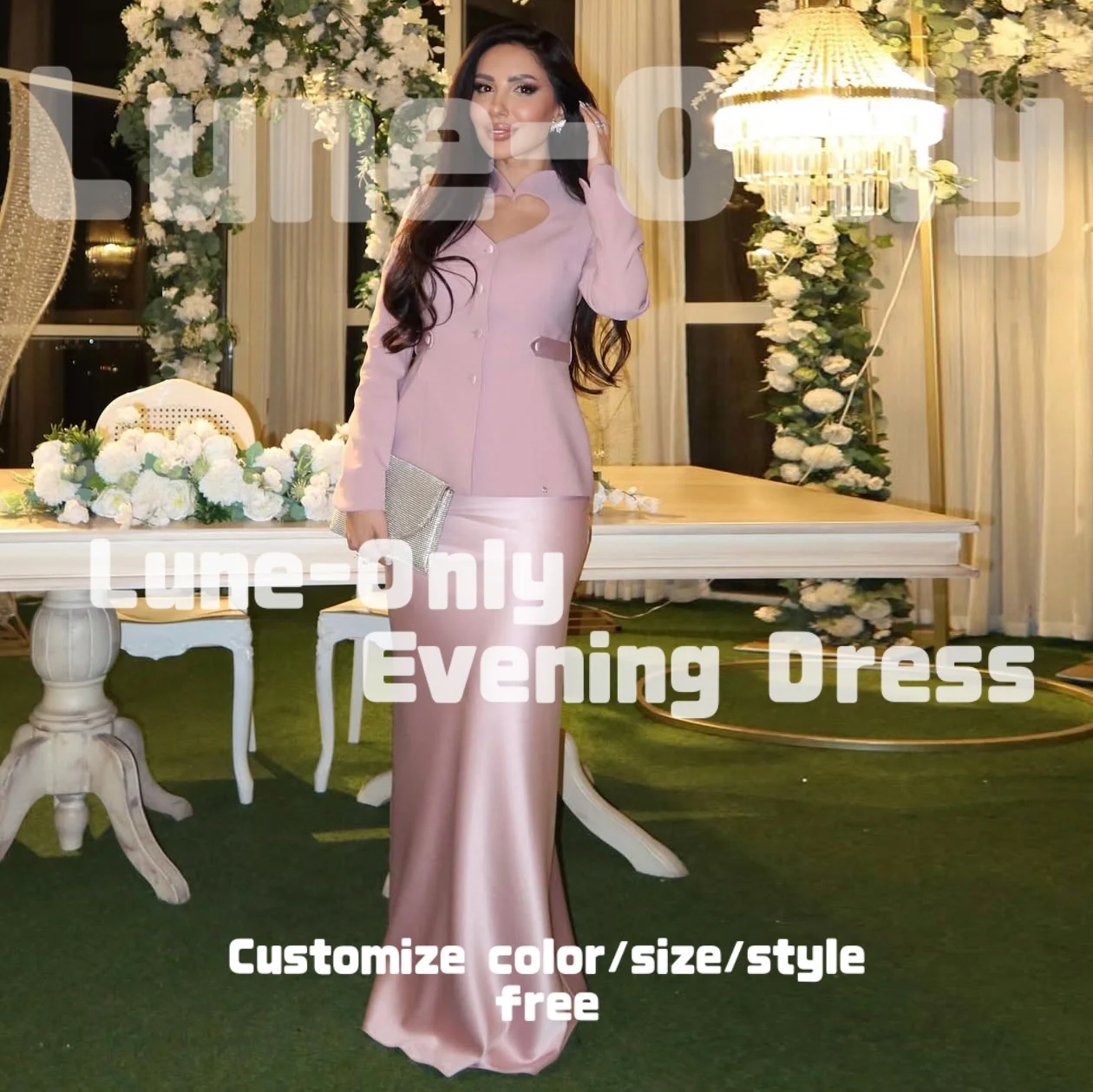 カスタマイズされた長袖のハート型カットジャケット付きイブニングドレス、フォーマルな機会に最適なピンクの2ピースプロムドレス、パーティガウン