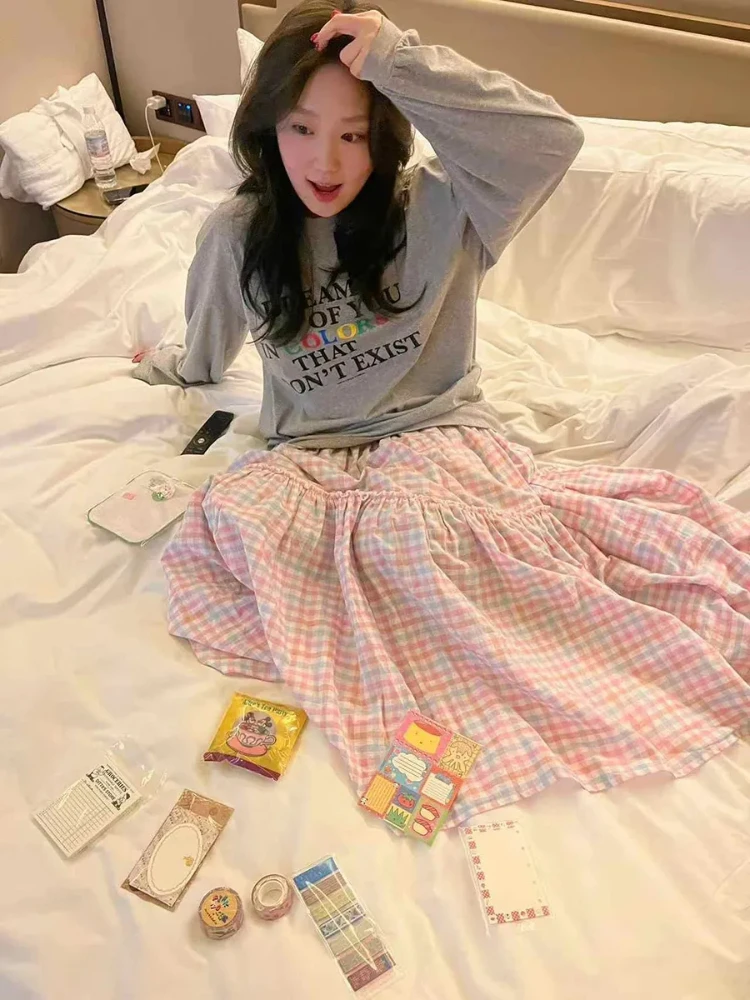 

Pink Plaid Long Skirt Women Japanese Cute Mori Girls Folds A-line Skirts Spring Summer Sweet All Match Casual Faldas