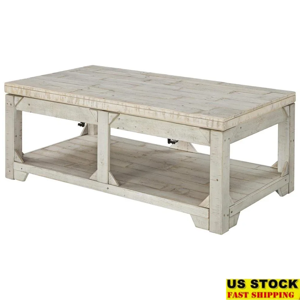 

Farmhouse Coffee Table Lift Top Open Shelf Solid Pine Wood Whitewash Living Room Furniture Engineered Wood Rustic Design Home