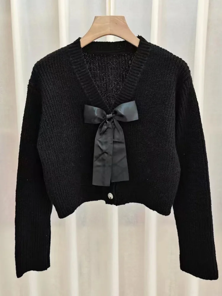 Woherb Bow Cardigan lavorato a maglia cappotto donna scollo a v manica lunga Sueter Pull Femme 2024 Ropa Mujer moda Vintage maglione coreano top