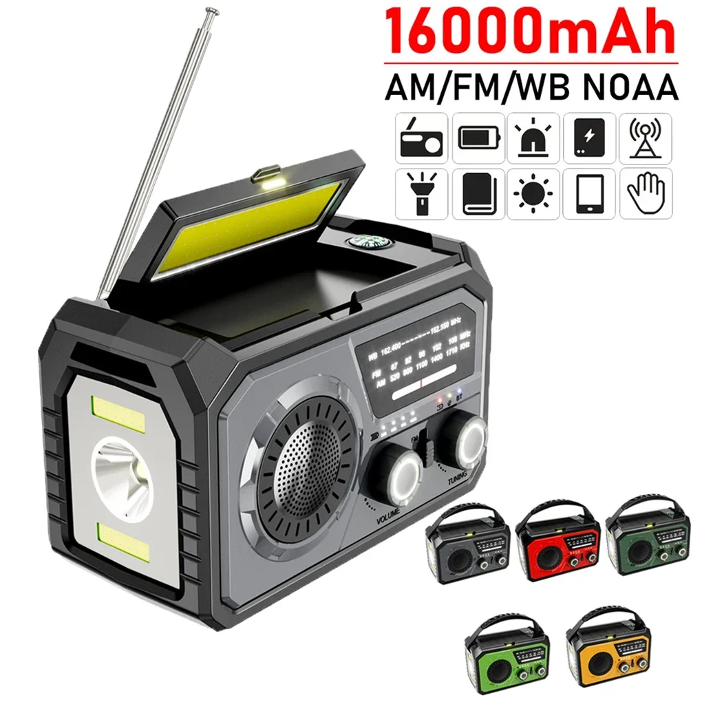 Outdoor Survival Weather Radio AM/FM/WB NOAA Solar Hand-cranked Rechargeable Power Bank Bluetooth-Compatible Speaker SOS Alarm