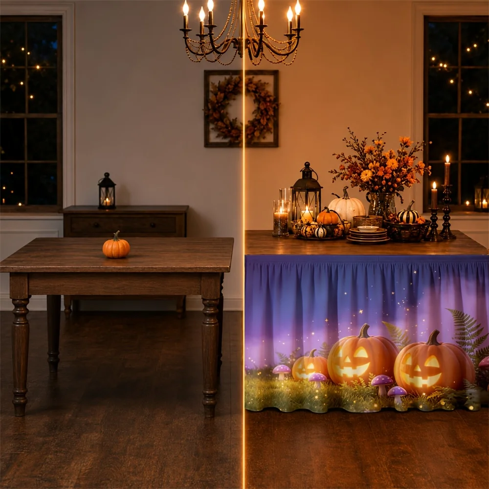 1 piece of tablecloth, Halloween pumpkin glowing lantern, purple mist forest fairy light string, autumn decorationzyc