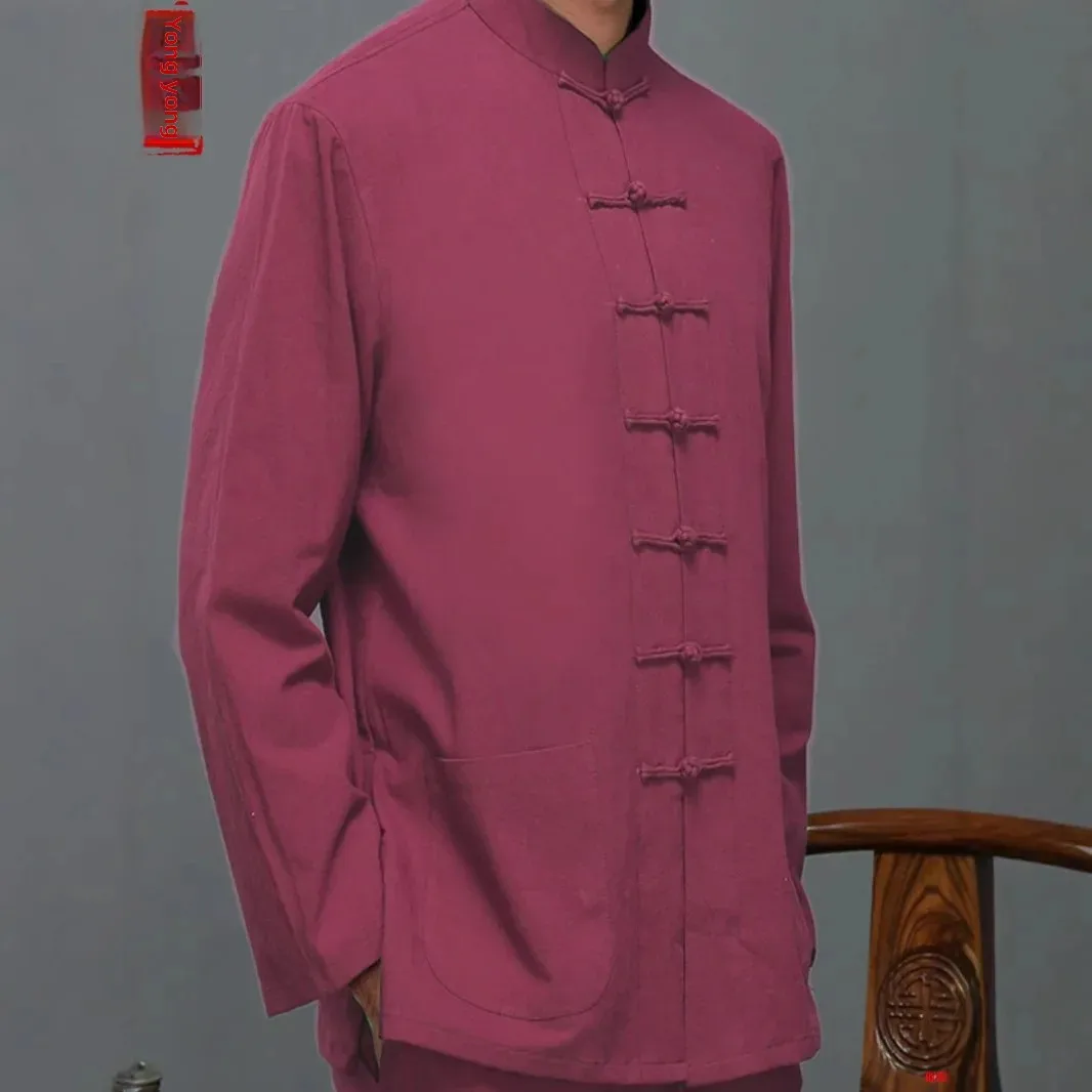 قميص رجالي فضفاض بأكمام طويلة على الطراز الصيني بأزرار حتى ملابس هانفو التقليدية غير الرسمية ملابس ربيعية عصرية للرجال المسنين #3