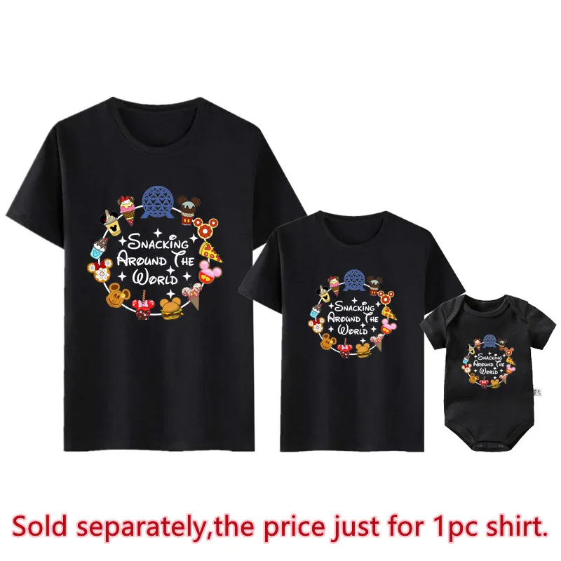 New Disney Snacking Around The World Funny Family Matching Shirts Cotton Dad Mom Kids Tees Baby Romper Family Look Trip Outfits