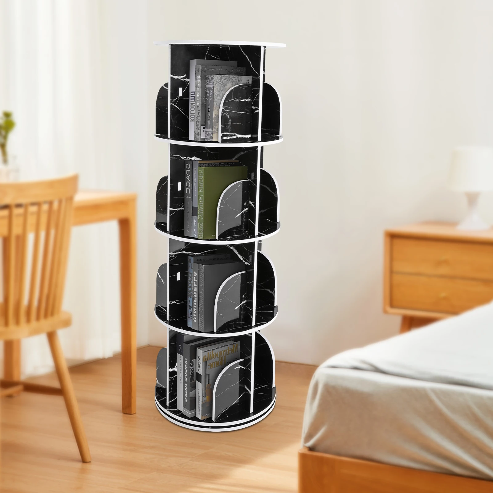 4 Tier Rotating Display Bookshelf Black Marble 360 View Unique Revolving Storage Rack for Spinning Small Bookcase