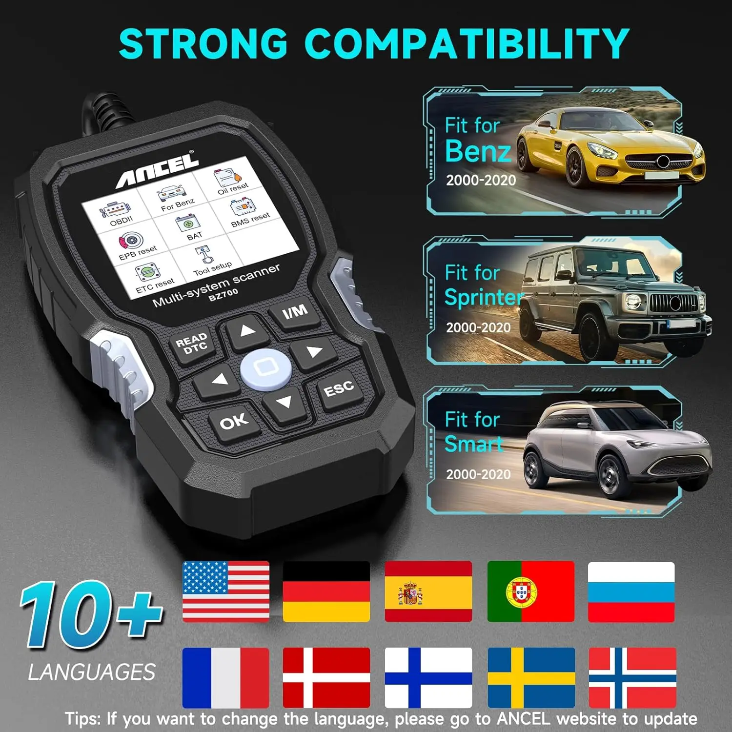 BZ700 OBD2 Scanner adequado para Mercedes Benz Sprinter Smart com BD200 Pro OBD2 Scanner Bluetooth