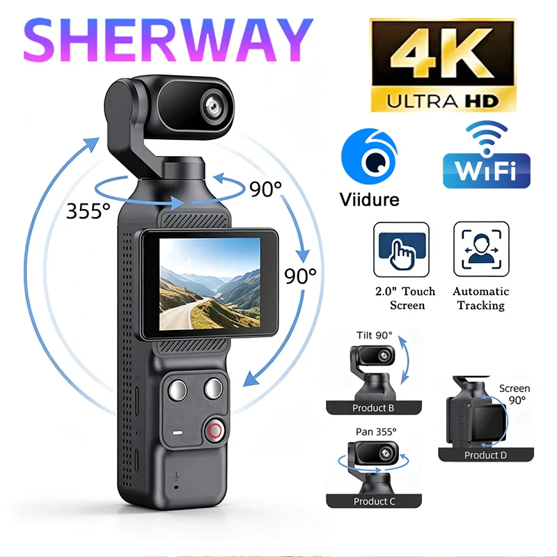 Câmera de ação com estabilizador 4K/1080P, câmera portátil com tela sensível ao toque de 2,0", EIS, câmera de bolso com Wi-Fi 355 °    Gravador de Vídeo com Rastreamento Automático de Rosto