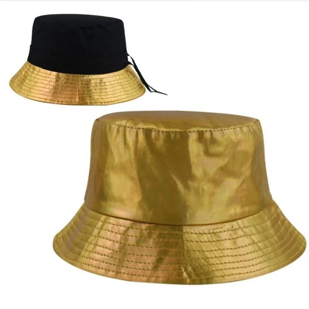Fashion Leather Luminous Bucket Hat Single Sided Wide Brim Laser Rainbow Fisherman Hat Gold Solid Color Shiny Sun Cap Sunshade