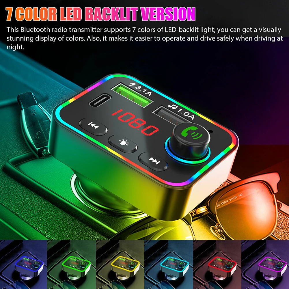 USB Car-Compatible 5.0 Fm Transmitter Mp3 Player F4u Disk/tf Card F4 Colorful Lamp Audio Receiver Hands-Free Kit Black