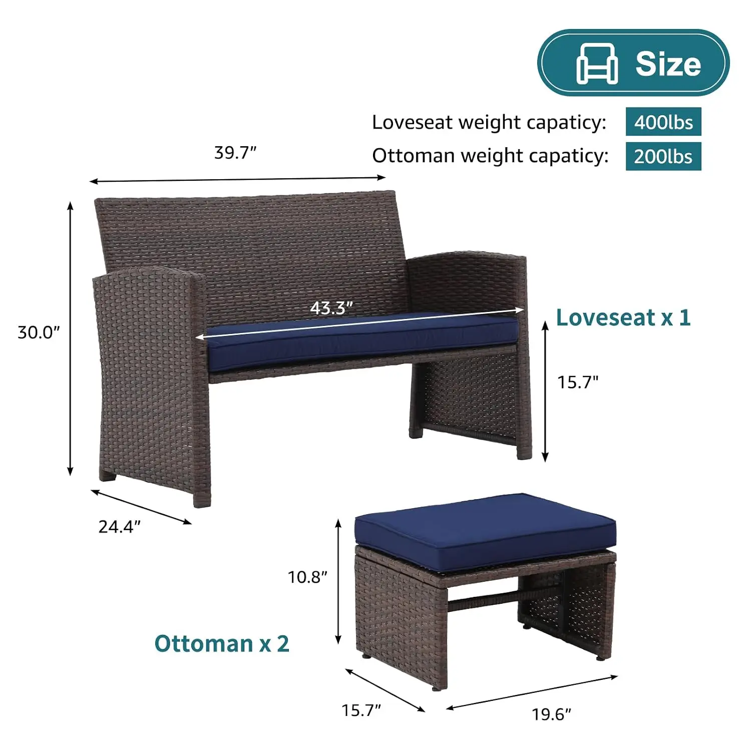 Wicker Patio Loveseat w/2 Ottomans, 3 Pcs, All-Weather 2 Seater w/Soft Cushions & Hidden Storage, Yard Porch Balcony, Customized