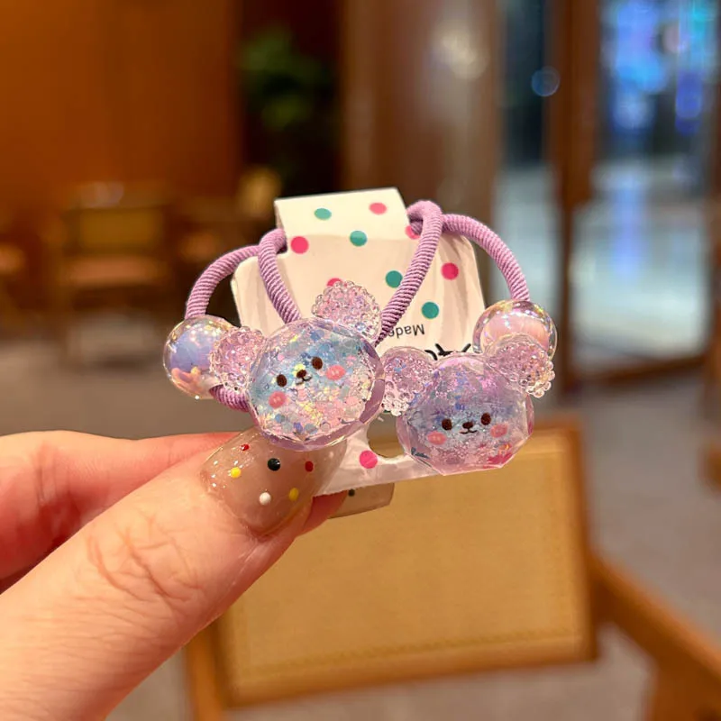 2PCS New Lovely Beaded Cute Bear Girls Elastic Hair Bands Kids Princess Hair Accessories Children Hair Ties Baby Headwear