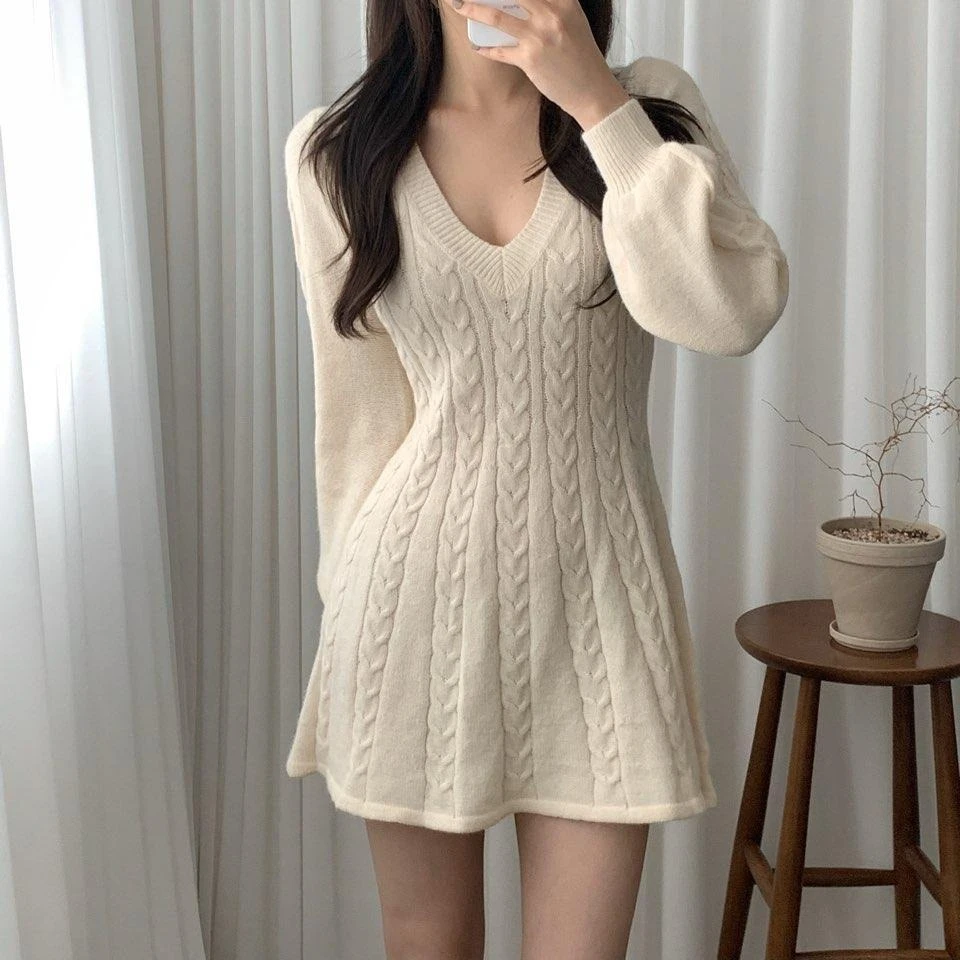 Vintage Korean Style Lantern Long Sleeve Knitted Dress Fall Winter Waist Fitted Mini Sweater Dress for Small Frame