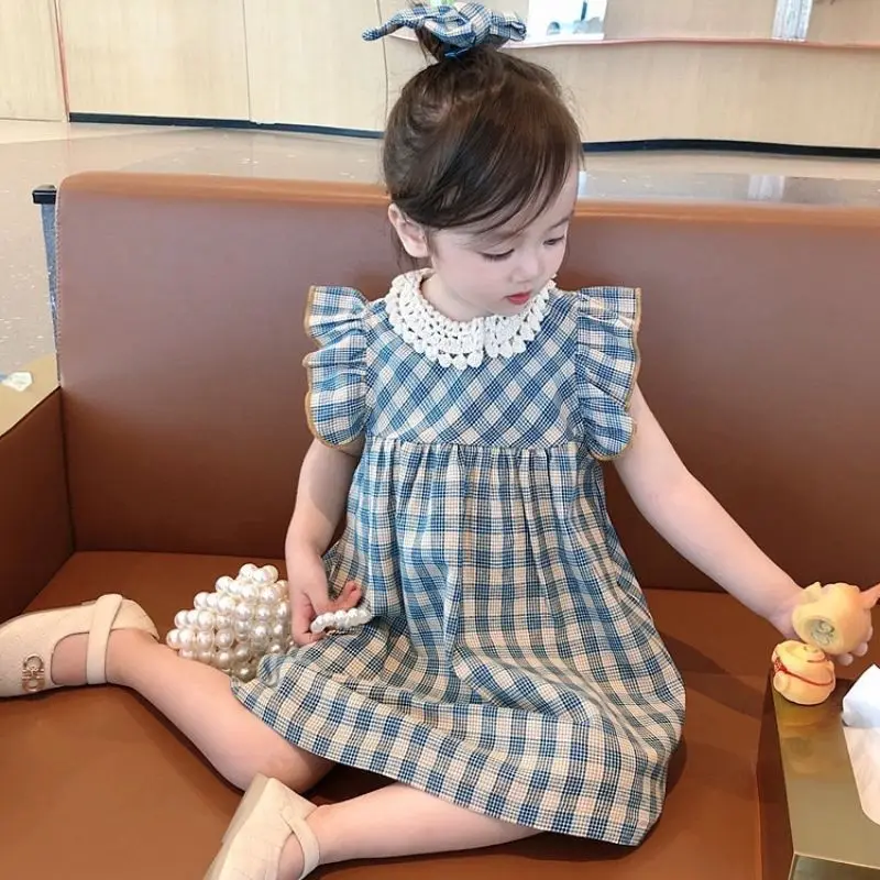 Girls Dress Summer New Fashionable Fashionable Female Baby Korean Lace Plaid Dress Sleeveless Children\'s Princess Dresses