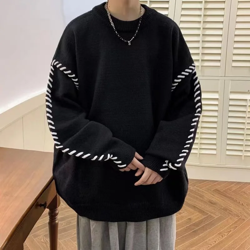 

Мужской свитер больших размеров на осень-зиму, свободный крой, круглый вырез, трикотаж, повседневный стиль, мода Гонконга, одежда для высоких и полных мужчин