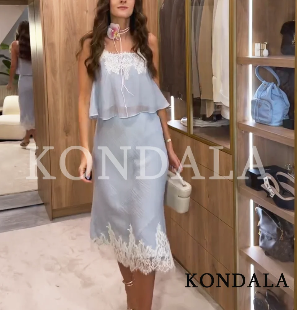 

KONDALA Casual Chic Lace Skirt Set Women Holidays Summer Sky Blue Camisole,Midi Skirt 2026 Trendy Beach Leisure Street Skirt Set