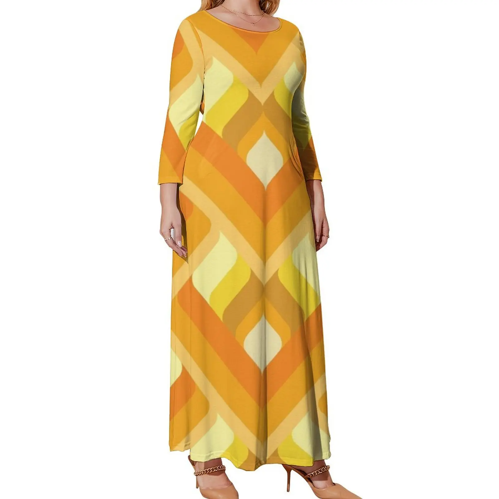 

Orange, Brown and Yellow Geometric Retro Diagonal Pattern Long Sleeved Dress Dresses gala