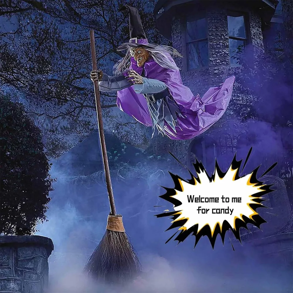 

Halloween Animated Hovering Witch Animatronics 6 FT Purple Garden Props Flying Witch With Lights Hovering Witch Decorations