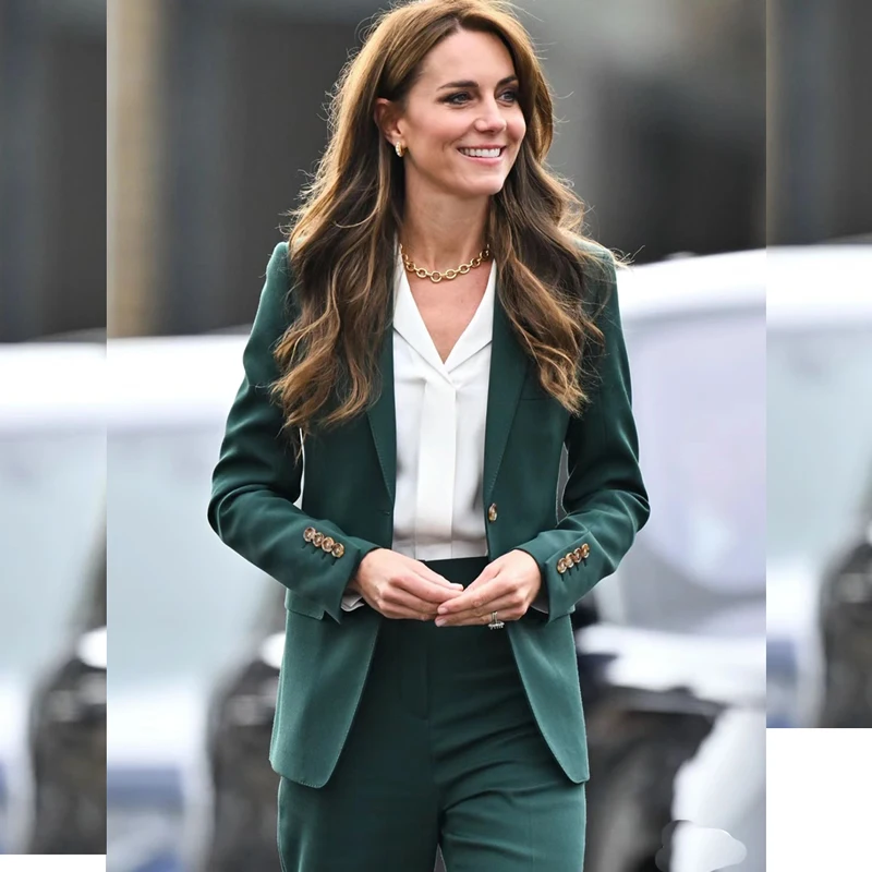 2024 Fashion Slim Long Sleeve Slim Blazer Princess Kate Middleton Solid Green Trousers Set