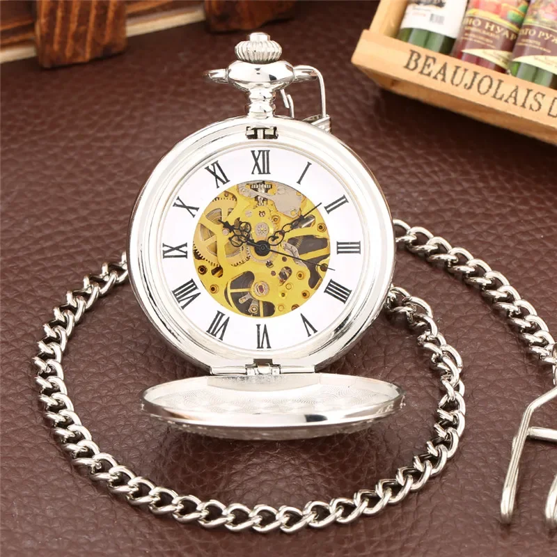 Vintage Silver Carved Roman Number Case Men Women Handwinding Mechanical Pocket Watch Skeleton Dial with Pendant Fob Chain Gift