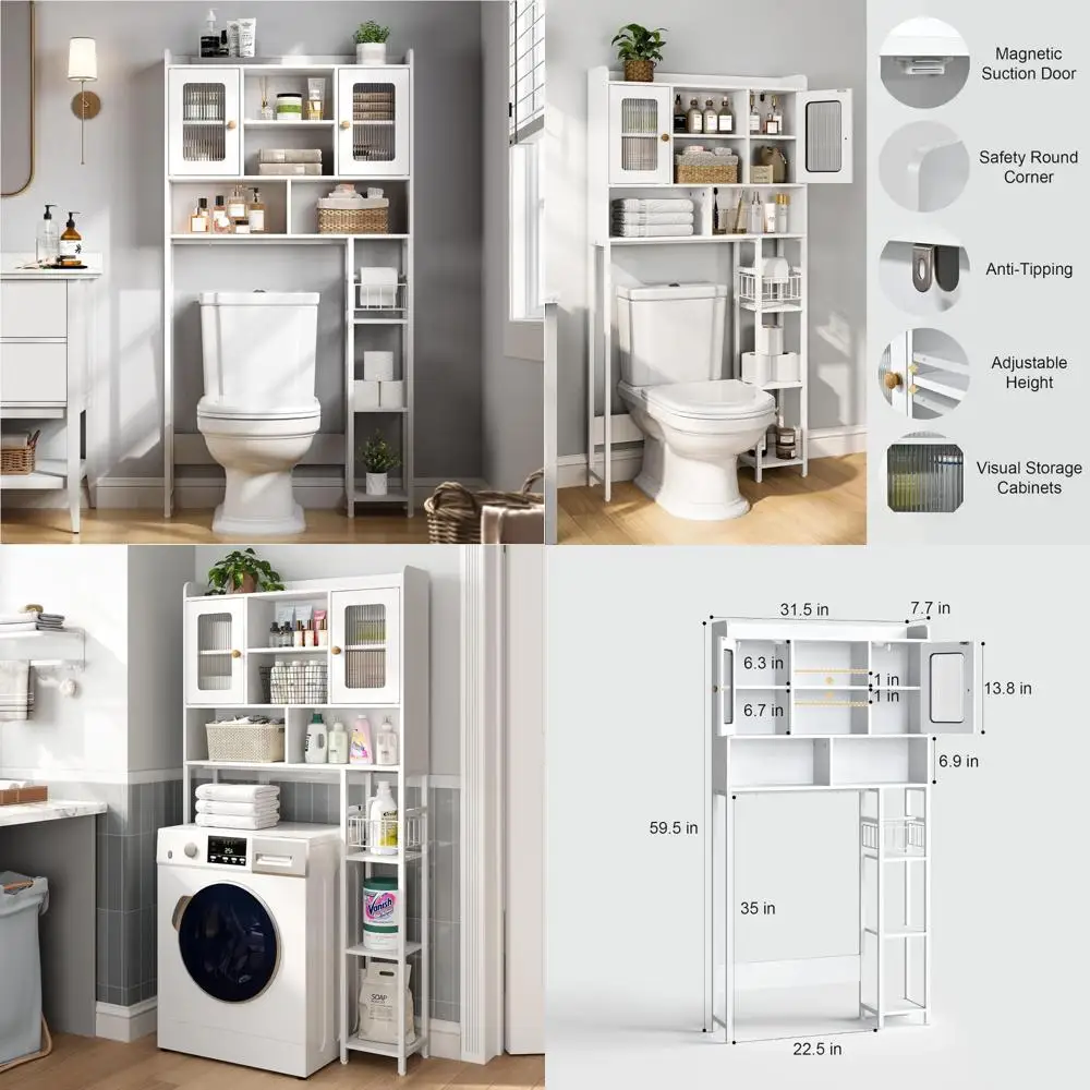 Space-Saving Toilet Storage Cabinet with Glass Doors and Adjustable Shelves for Bathroom Organization