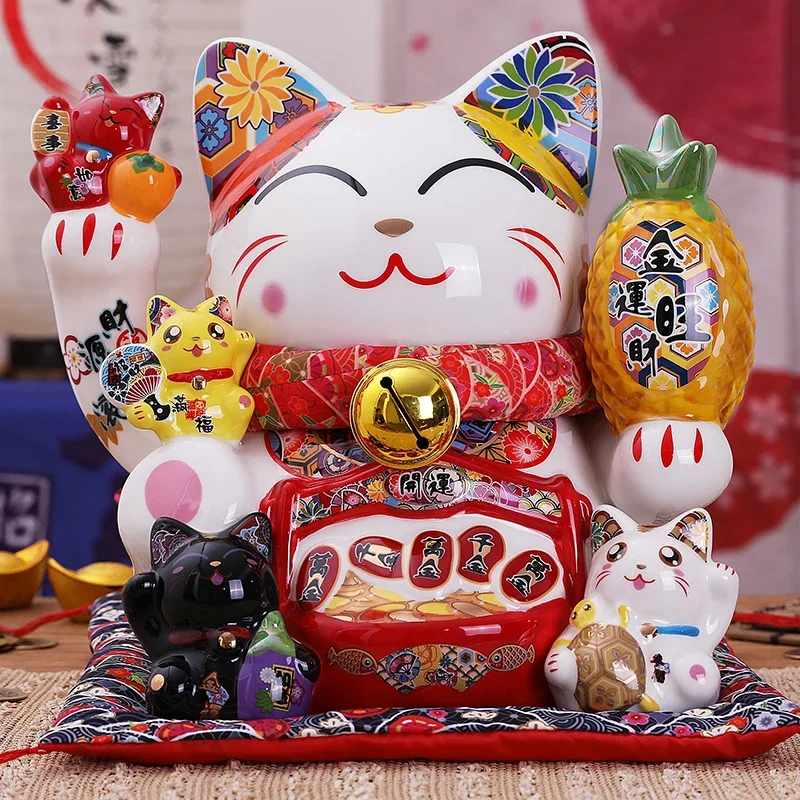 9 Inch Ceramic Maneki Neko Money Box Lucky Fortune Cat Figurine Coin Bank Home Decoration Kitten Ornament Business Gift