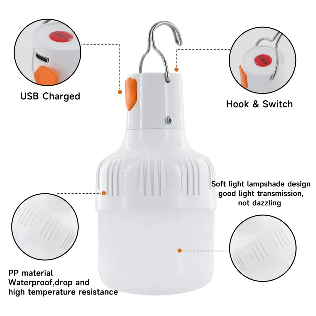 Ampoule de lampe LED aste USB extérieure, haute luminosité, lumière de secours, crochet, camping, pêche, lanterne portable, veilleuses, nouveau