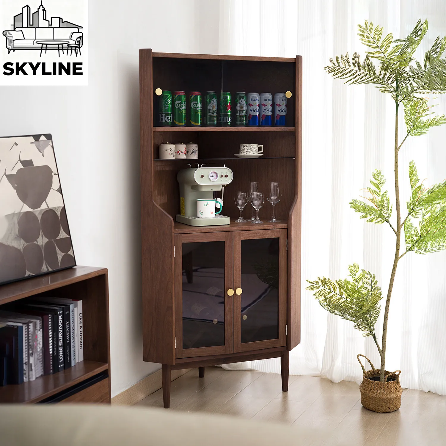 North American Black Walnut Triangle Cabinet Solid Wood Corner Cabinet Sofa Side Cabinet Living Room Furniture