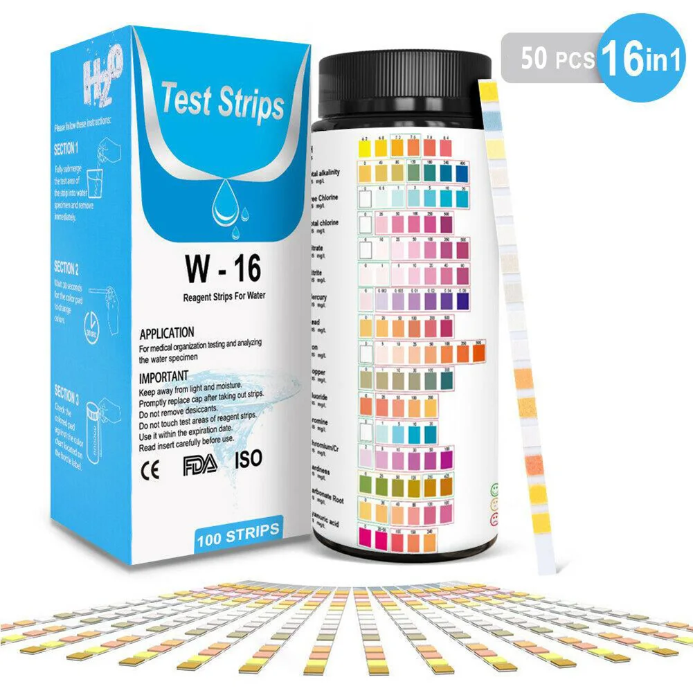 50x 16 In1 Drinking Water Test Kit Strips Home Water Quality Test Swimming Pool Spa Water Test Strips Nitrate Nitrite PH Hardnes