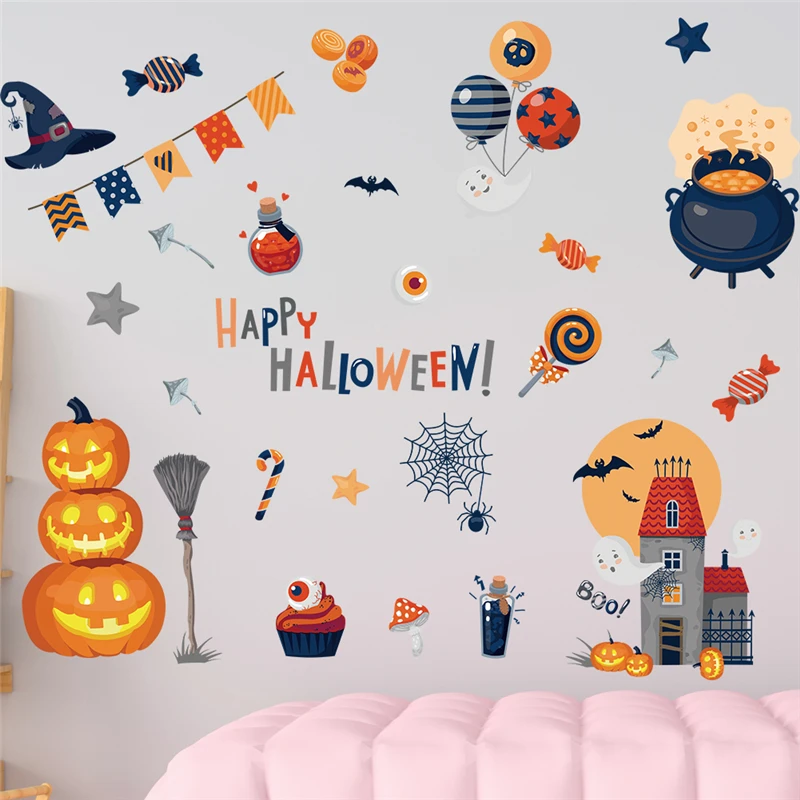 Happy Halloween Pattern Wall Sticker For Kids Bedroom Home Decoration Diy Cartoon Festival Mural Art Pvc Decal Hallowmas Poster