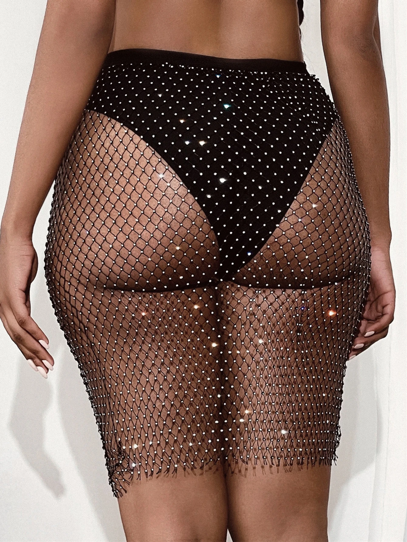 Sexy black rhinestone mini skirt women Summer see through fishnet beach skirts womens 2024 festival clothing club party skirt HL