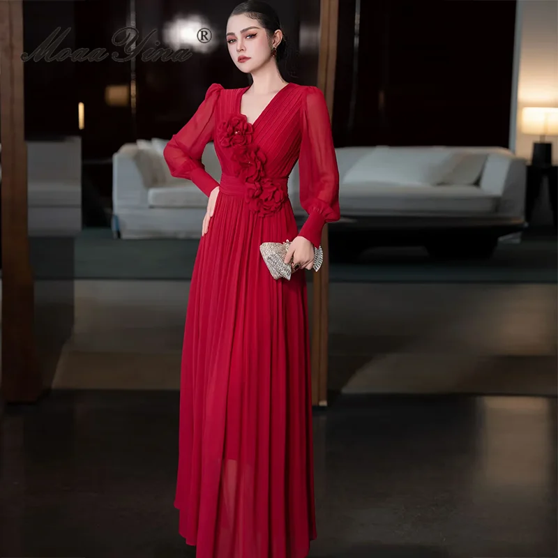 Moaayina Damen elegante Streetwear Ballkleid Kleid Herbst und Winter V-Ausschnitt Design Applikationen Chiffon Abendkleider