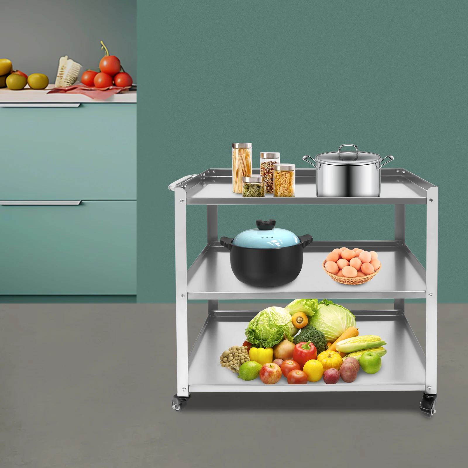 3-Tier Kitchen Cart Kitchen Trolley Car Serving Trolley Transport Cart 136kg Capacity Mobile Workstation