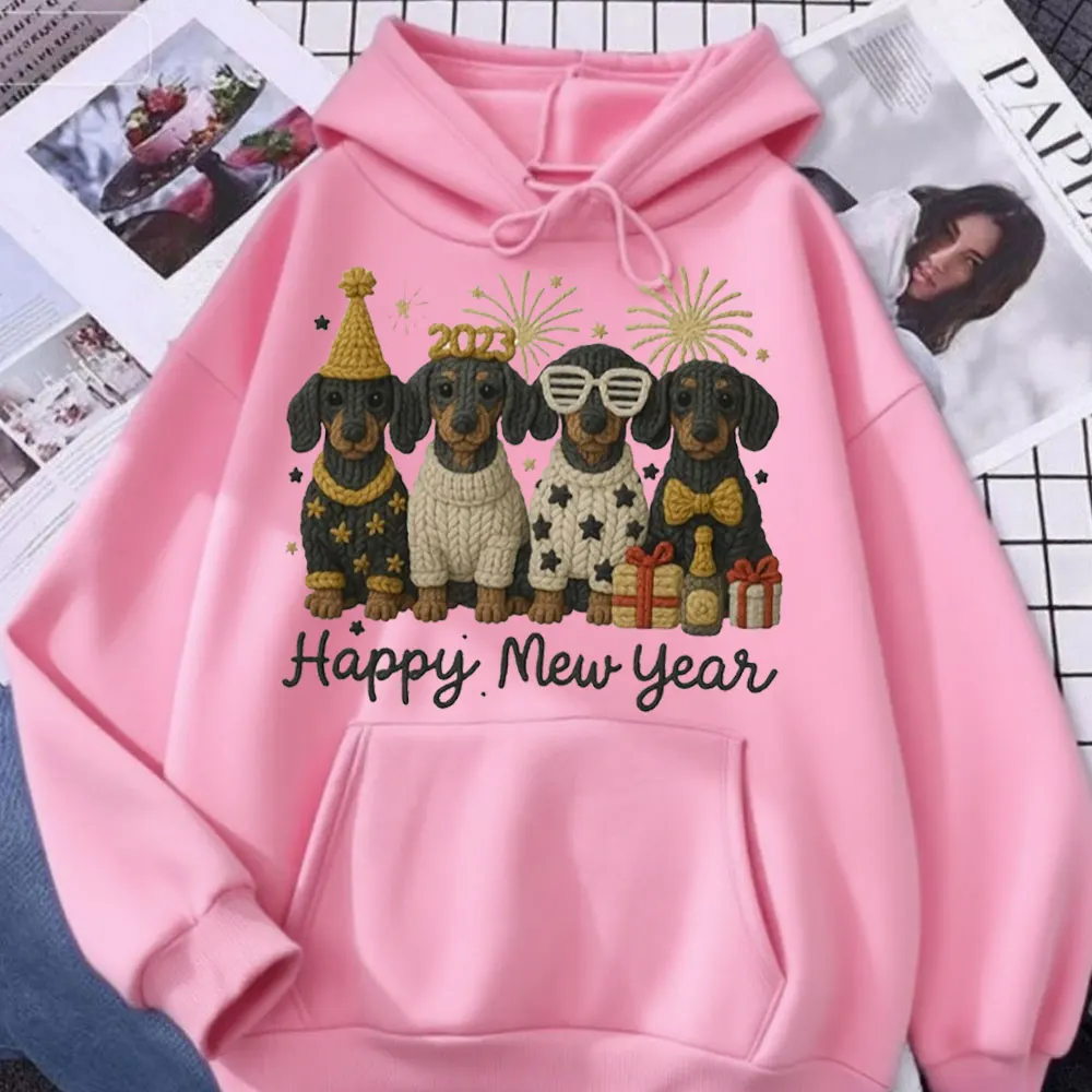 الكروشيه طباعة سنة جديدة سعيدة الكلب الألماني المرأة هوديي لطيف الجراء السنة الجديدة عطلة الحيوانات الأليفة Sweatshitr الكلب عاشق البلوز تصميم #2