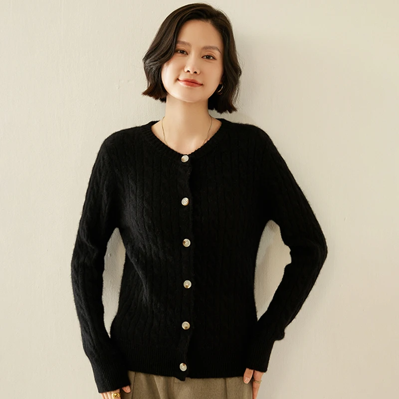 Col rond câble tricot bouton Cardigan décontracté polyvalent 2025 femmes doux pull printemps automne hiver femme hauts 100% cachemire hauts