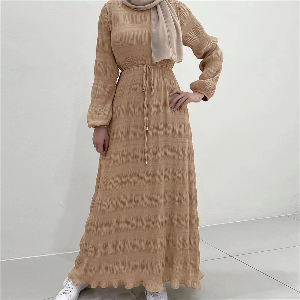 Elegant Women Muslim Pleated Chiffon Abaya Long Sleeve Maxi Dress Turkey Arab Kaftan Party Eid Jalabiya Caftan Vestidos Clothing