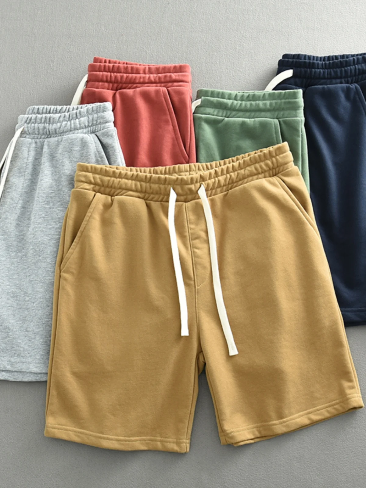 Summer New American Retro Knitted Solid Color Shorts Men's Fashion Loose Elastic Wasit Drawstring Sport Casual 5-point Pants