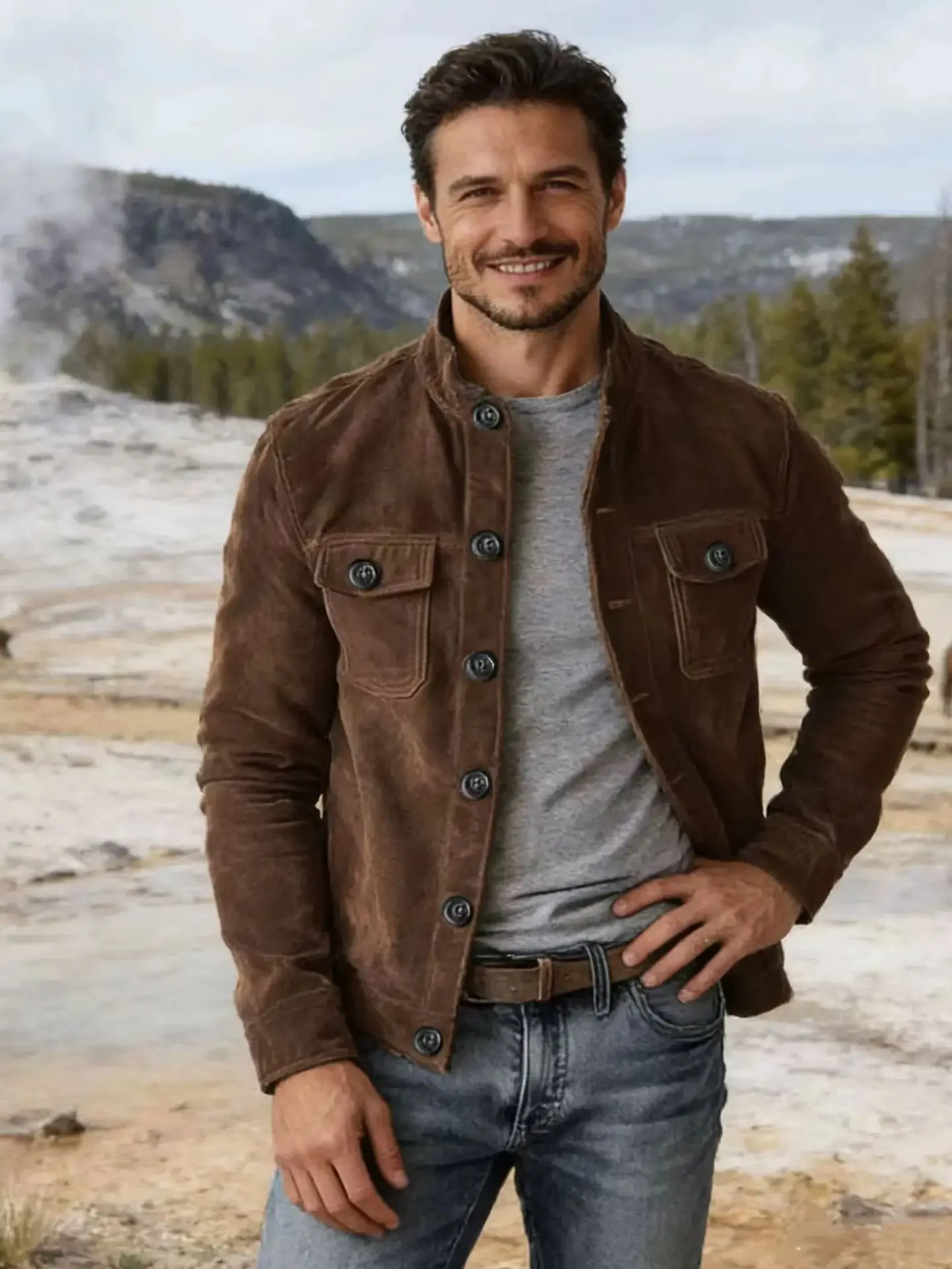 Jaqueta Masculina de Couro Suede Retro para Trabalho |   Design de Lapela, Estilo Americano Clássico